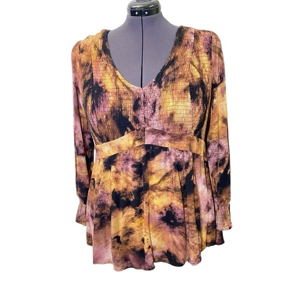 Torrid Women size 2 (2X) V Neck Baby-doll Top Crinkle Gauze Tie Dye Purple Tan - Picture 2 of 11